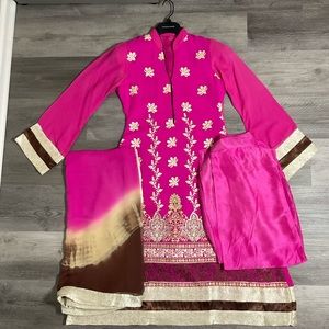 3-piece set! Includes a hit pink dress, trouser, and shawl!